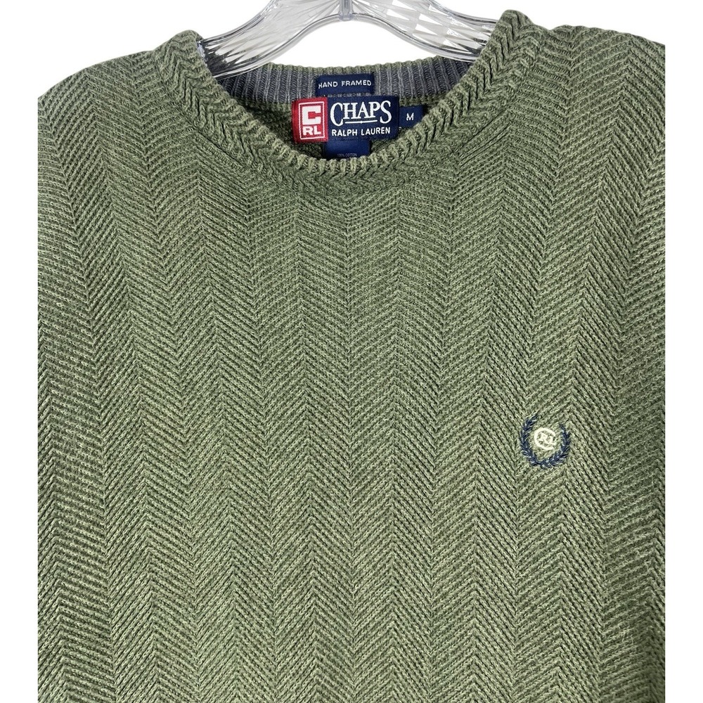 Vtg 90s Sz M Mens Chaps Ralph Lauren Sweater Herringbone Knit Green Chunky Heavy - Picture 2 of 11